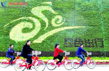 市民騎公共自行車(chē)路過(guò)市人民廣場(chǎng)一處花壇。記者 張馳